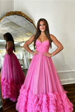 Sparkly Fuchsia Tulle A Line Strapless Ruffle Tiered Long Prom Dresses, PL670 | pink prom dresses | cheap long prom dress | party dresses | promnova.com