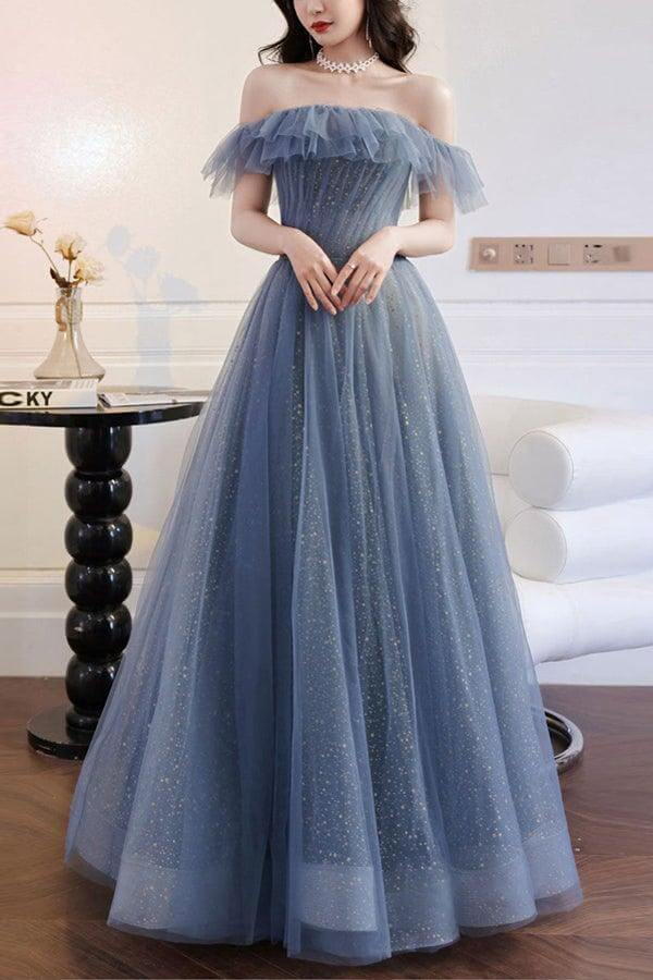 Off shoulder blue prom dress sale