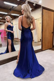 Sparkly Navy Blue Satin Mermaid Beaded Long Prom Dresses With Slit, PL669 image 2