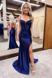 Sparkly Navy Blue Satin Mermaid Beaded Long Prom Dresses With Slit, PL669