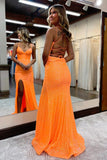 Sparkly Orange Mermaid High Slit Long Prom Dresses, Evening Dresses, PL659 image 2