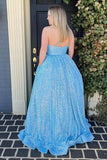 Sparkly Sequins Light Blue One Shoulder A Line Long Prom Dresses, PL598 image 2