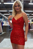 Sparkly Sequins Sheath V Neck Backless Short Homecoming Dresses, PH431