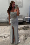 Sparkly Silver Satin Mermaid Spaghetti Straps Corset Long Prom Dresses, PL706