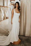 Stretchy Satin Square Neck Simple Wedding Dresses With Sweep Train, PW420 image 1