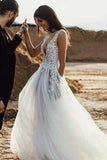 Tulle A Line Deep V Neck Beach Wedding Dresses With Lace Appliques, PW423 | outdoor wedding dress | lace wedding gown | wedding dresses online | promnova.com