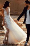 Tulle A Line Deep V Neck Beach Wedding Dresses With Lace Appliques, PW423