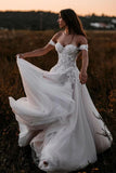 Tulle A Line Off-the-Shoulder Wedding Dresses With Lace Appliques, PW416 image 3