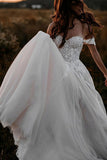 Tulle A Line Off-the-Shoulder Wedding Dresses With Lace Appliques, PW416 image 2