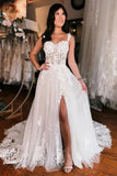 Tulle A Line Off Shoulder Lace Appliques Boho Wedding Dresses With Slit, PW446