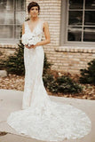 Tulle Mermaid Deep V Neck Lace Appliques Wedding Dresses With Train, PW442