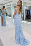 Tulle Mermaid Off Shoulder Corset Long Prom Dresses With 3D Floral Lace, PL668 | backless prom dresses | long formal dress | blue prom dress | promnova.com