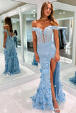 Tulle Mermaid Off Shoulder Corset Long Prom Dresses With 3D Floral Lace, PL668