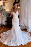 Tulle Mermaid Spaghetti Straps Chapel Train Lace Wedding Dresses, PW450