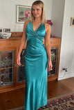 Turquoise Satin Mermaid V-neck Pleated Long Prom Dresses With Bow, PL678