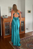 Turquoise Satin Mermaid V-neck Pleated Long Prom Dresses With Bow, PL678 | mermaid prom dresses | long formal dresses | cheap prom dresses online | promnova.com