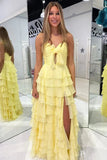 Yellow Chiffon A Line Tiered Sweetheart Keyhole Prom Dresses With Slit, PL683