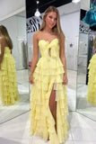 Yellow Chiffon A Line Tiered Sweetheart Keyhole Prom Dresses With Slit, PL683 | long prom dress | evening dress | party dress | promnova.com