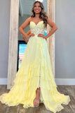 Yellow Chiffon A Line V Neck Strapless Ruffles Prom Dresses With Slit, PL700