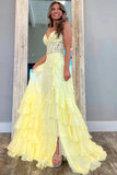 Yellow Chiffon A Line V Neck Strapless Ruffles Prom Dresses With Slit, PL700 | new arrival prom dress | evening dresses | long formal dress | promnova.com