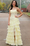 Yellow Chiffon Layered A Line Spaghetti Straps Prom Dresses With Slit, PL679