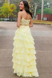 Yellow Chiffon Layered A Line Spaghetti Straps Prom Dresses With Slit, PL679 | lace prom dresses | new arrival prom dresses | floor length prom dress | promnova.com