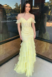 Yellow Chiffon Ruffled Mermaid V Neck Cold Sleeves Lace Prom Dresses, PL699