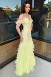 Yellow Chiffon Ruffled Mermaid V Neck Cold Sleeves Lace Prom Dresses, PL699 | long prom dress | prom dress shops | long formal dress | promnova.com