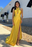 Yellow Satin Sheath Halter Ruched Simple Long Prom Dresses With Slit, PL658 image 1