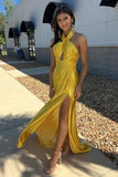 Yellow Satin Sheath Halter Ruched Simple Long Prom Dresses With Slit, PL658 image 2