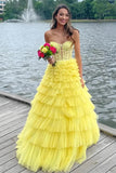 Yellow Tulle Layered A Lline Sweetheart Strapless Long Prom Dresses, PL687