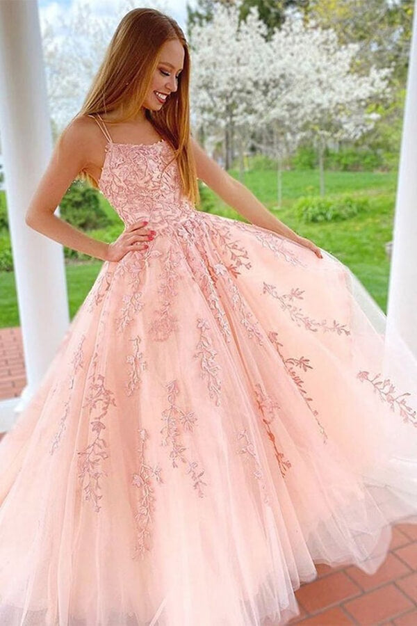 Pink Tulle Lace A-Line Spaghetti Straps Prom Dresses PL412 | Promnova US16W / Custom Color