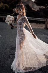 Satin A Line V Neck Long Sleeves Lace Appliques Vintage Wedding Dresses,  PW340