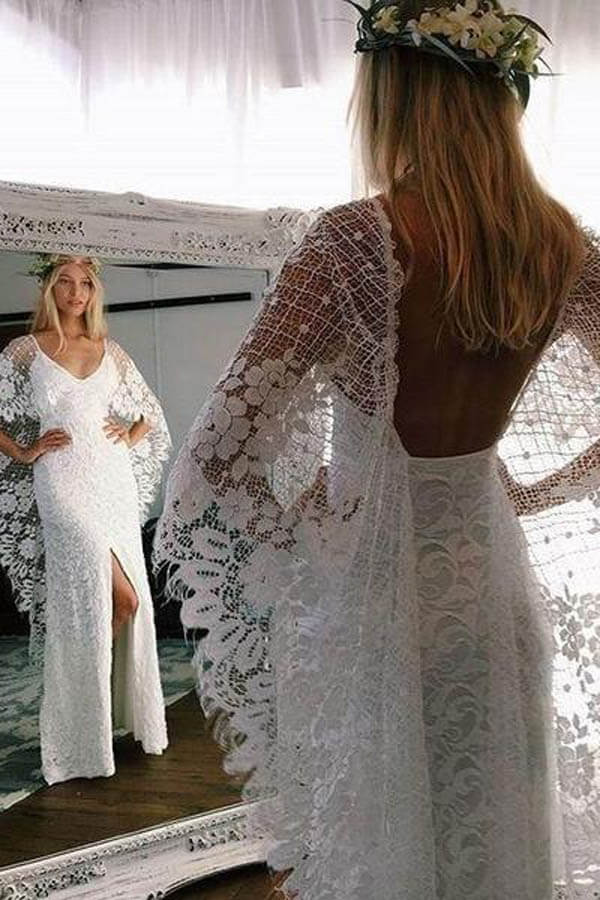Lace Sleeved Two Piece Wedding Dresses,Boho Style Beach Bridal Gown, PW126