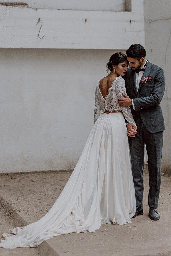 Boho Lace And Chiffon Two Piece Wedding Dress With Long Sleeves