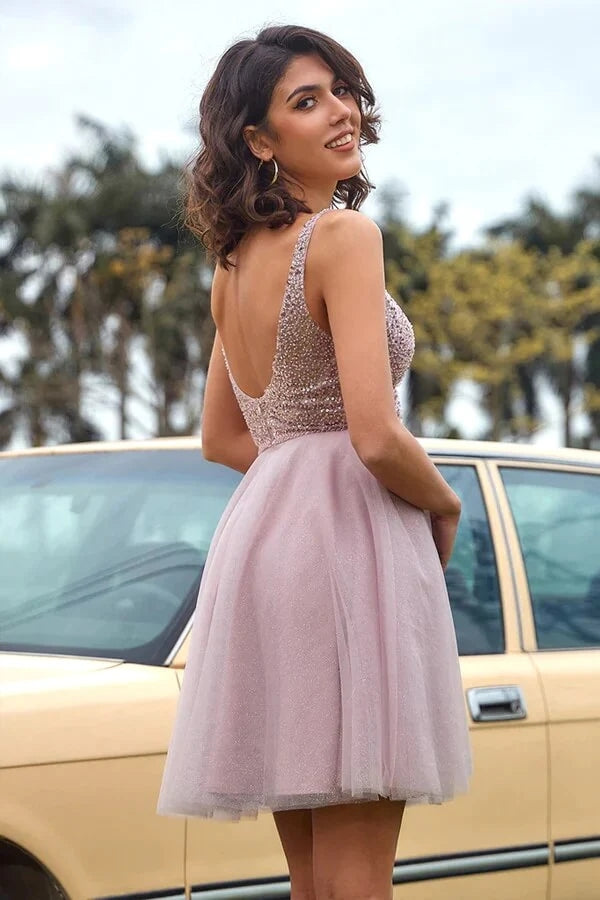 Cute Pink V Neck homecoming Dress, Cheap Short Prom Dresses for