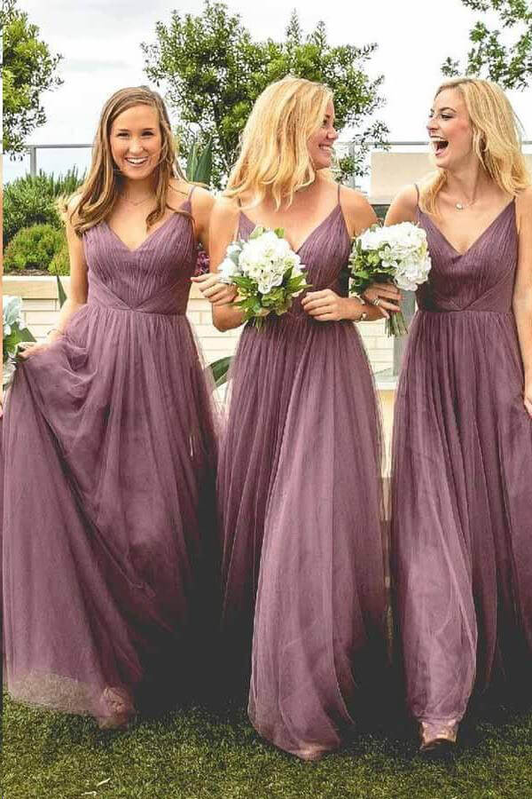 Dusty Purple A Line Tulle Long Bridesmaid Dresses PB139 –, 60% OFF
