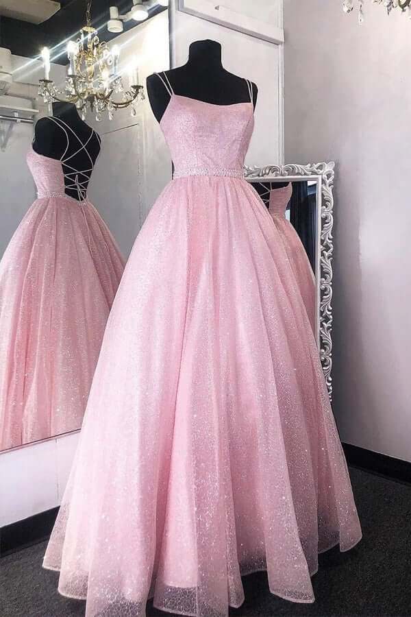 Glittering Pink A Line Floor Length Long Prom Dresses, Evening Gowns, PL486