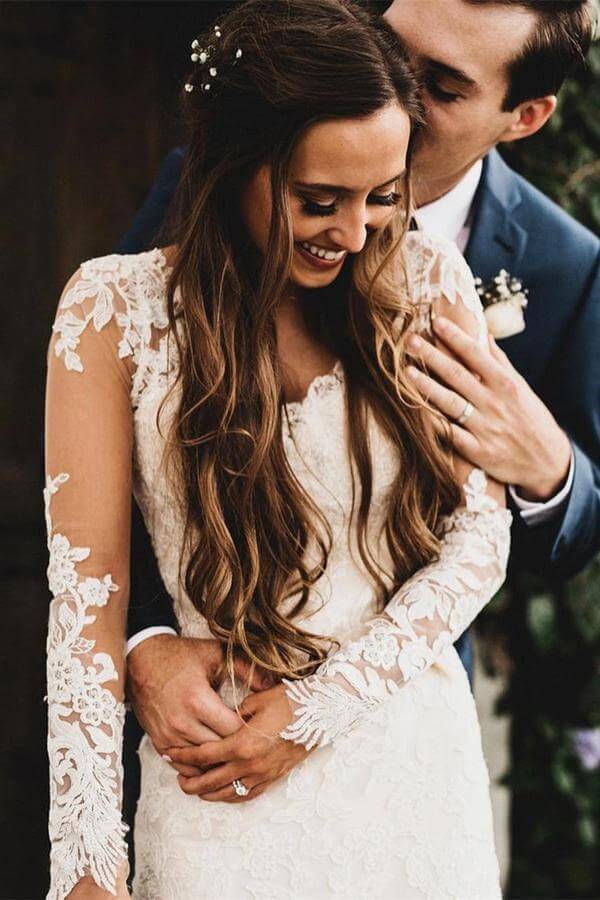 Hot Long Sleeves Lace White Wedding Dresses V Neck Mermaid Bridal Gown –  MyChicDress