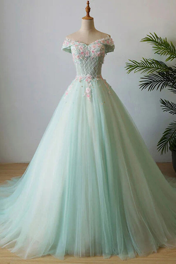 Green Tulle A-line Off Shoulder Lace Appliques Prom Dresses With Slit, MP735