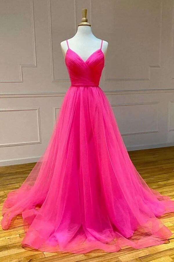 Hot Pink Tulle A Line V Neck Prom dresses With Slit PL532