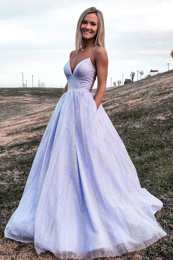 Elegant Deep V-neck Royal Blue Rhinestone A-line Long Cheap Prom Dress –  Okdresses