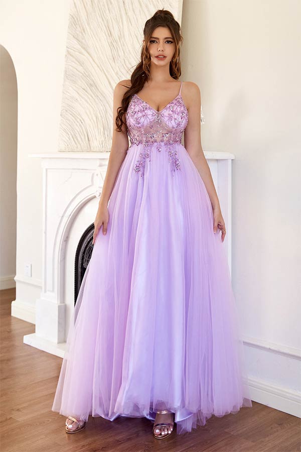 Wedtrend Women Lilac Prom Dress A Line Tiered Tulle Corset Long Evening  Dress With Beaded Flower Appliques – WEDTREND