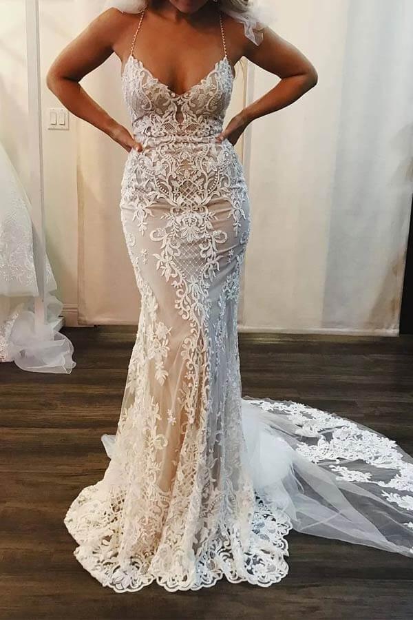 Personalised Mermaid Boho Mermaid Lace Spaghetti Straps Backless Wedding  Dress