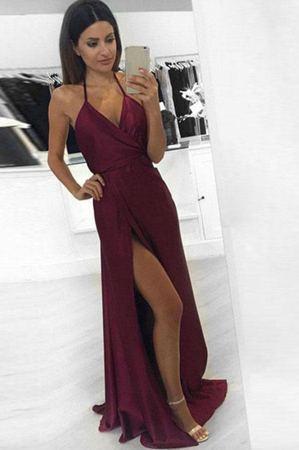 2020 New Arrival High Neck Long Burgundy Prom Dresses A Line Sweep