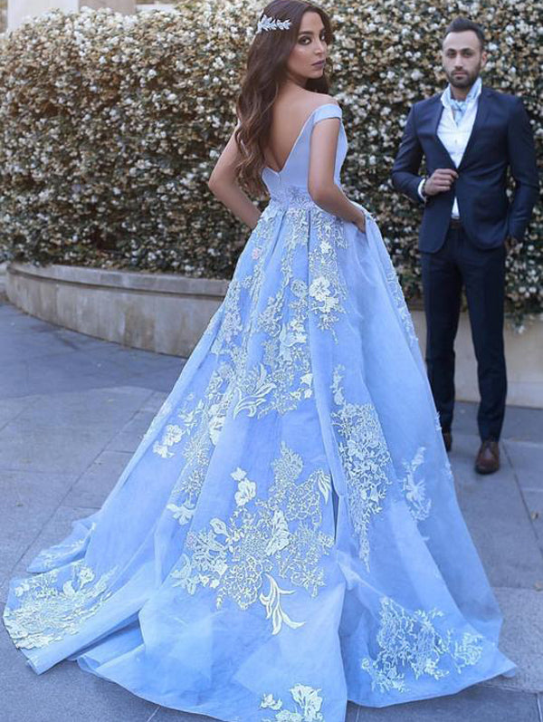 Blue Tulle Prom Dresses with Detachable Sleeves