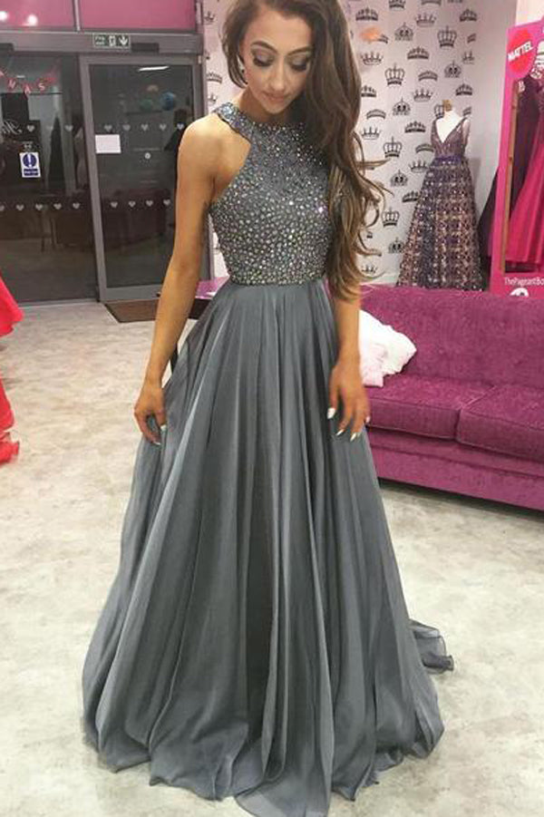 Chiffon Grey Rhinestone Beaded A line Top Dark Long Prom Dresses PL210