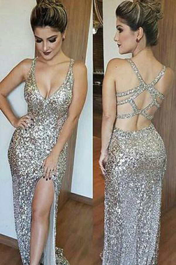 Women's Gold Sequined Backless V Neck Dress Elegant Mermaid Evening Gown  Side Slit Cocktail Party Dresses (Color : Gold, Size : Small) at   Women's Clothing store
