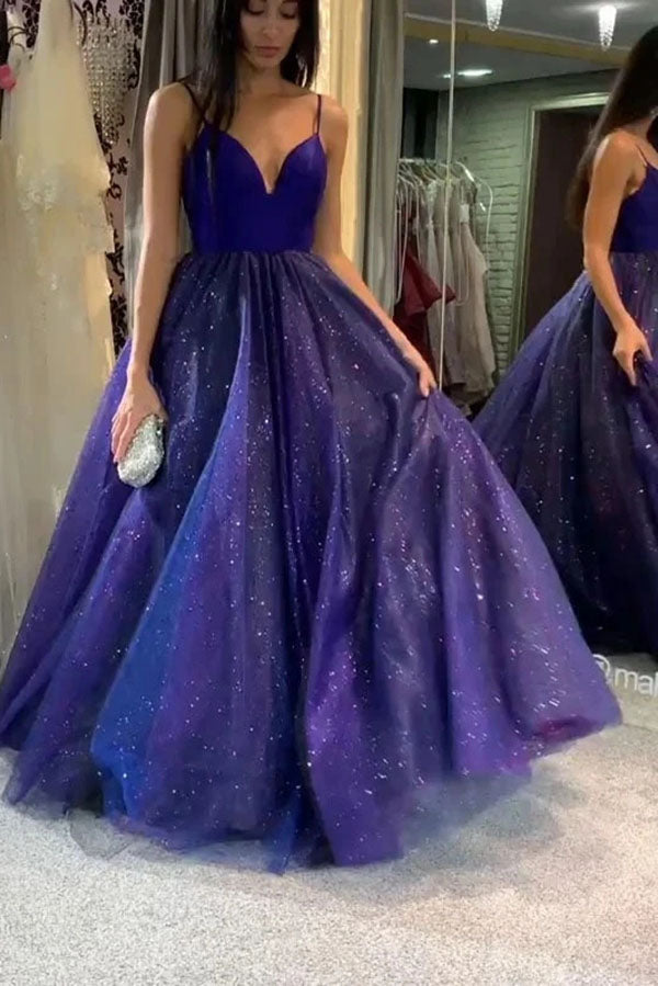 Purple v neck tulle long prom dress, light purple evening dress – shdress