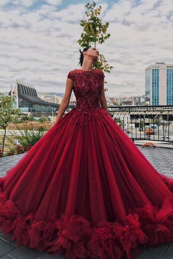 Luxury Tulle Burgundy Ball Gown Scoop Beaded Long Prom Dresses PL394